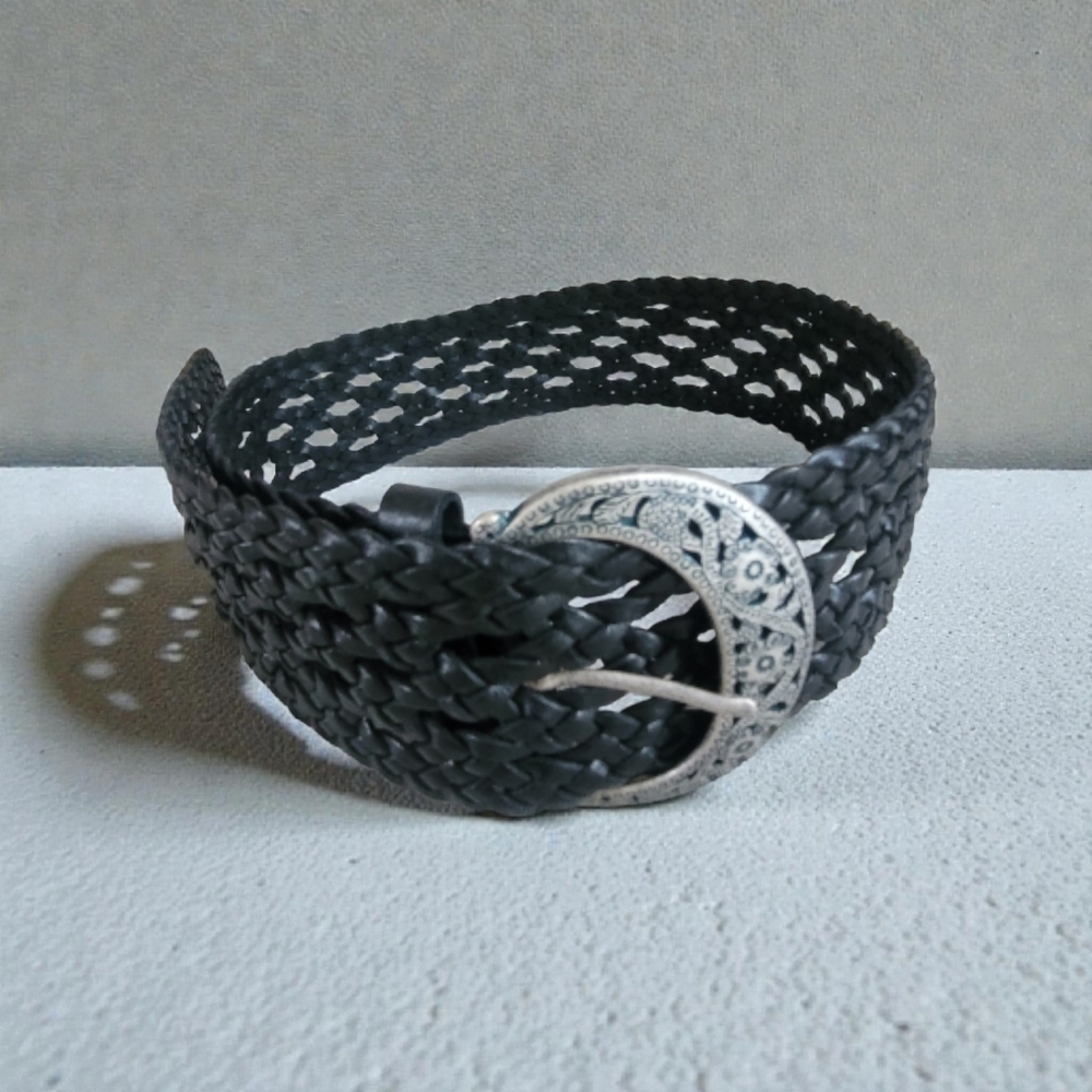 Moda International Black Leather Boho Braided Belt w/Intricate Silver Buckle L